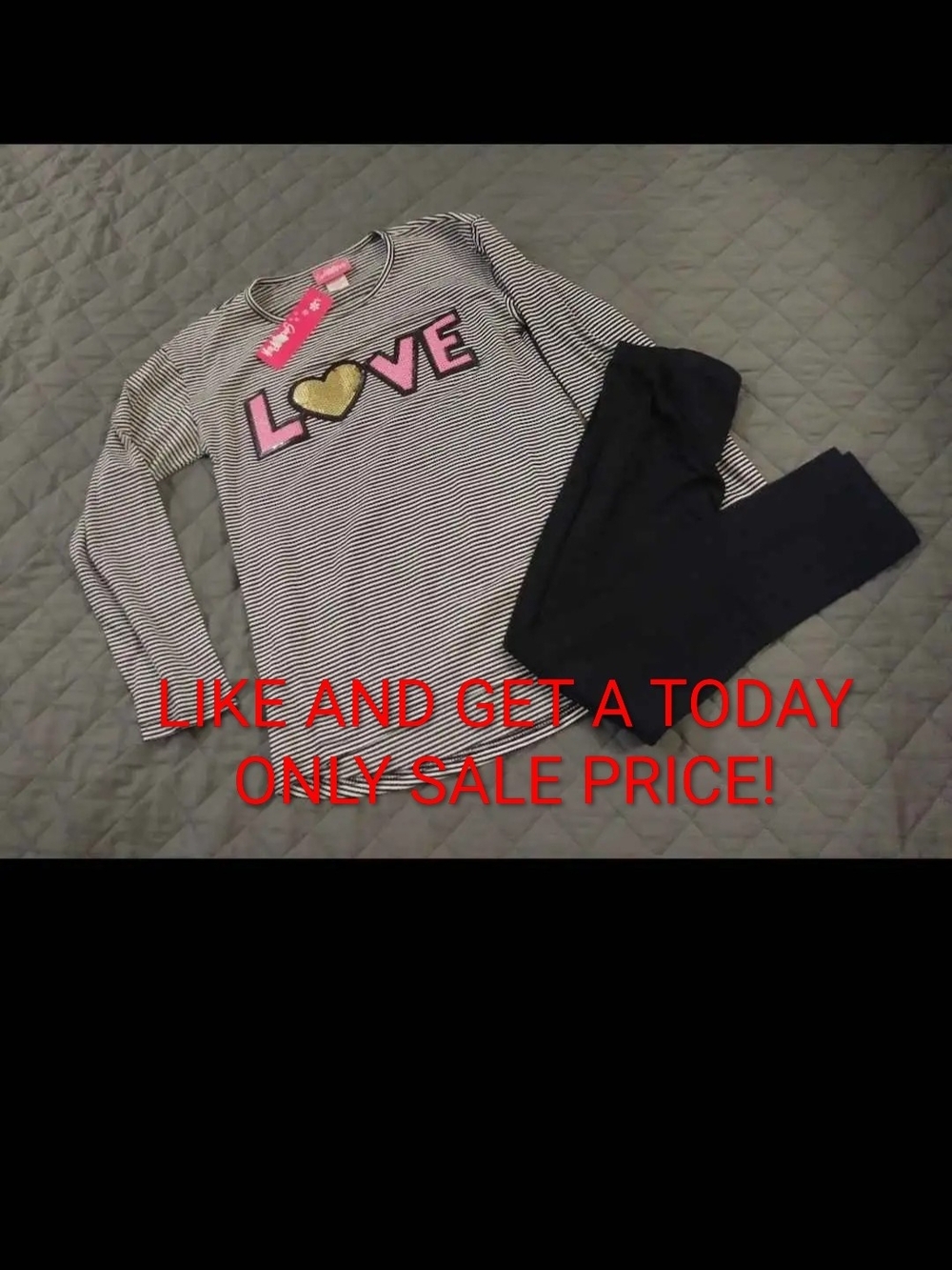 Girls Striped 'LOVE' Top and Black Leggings Matching Set